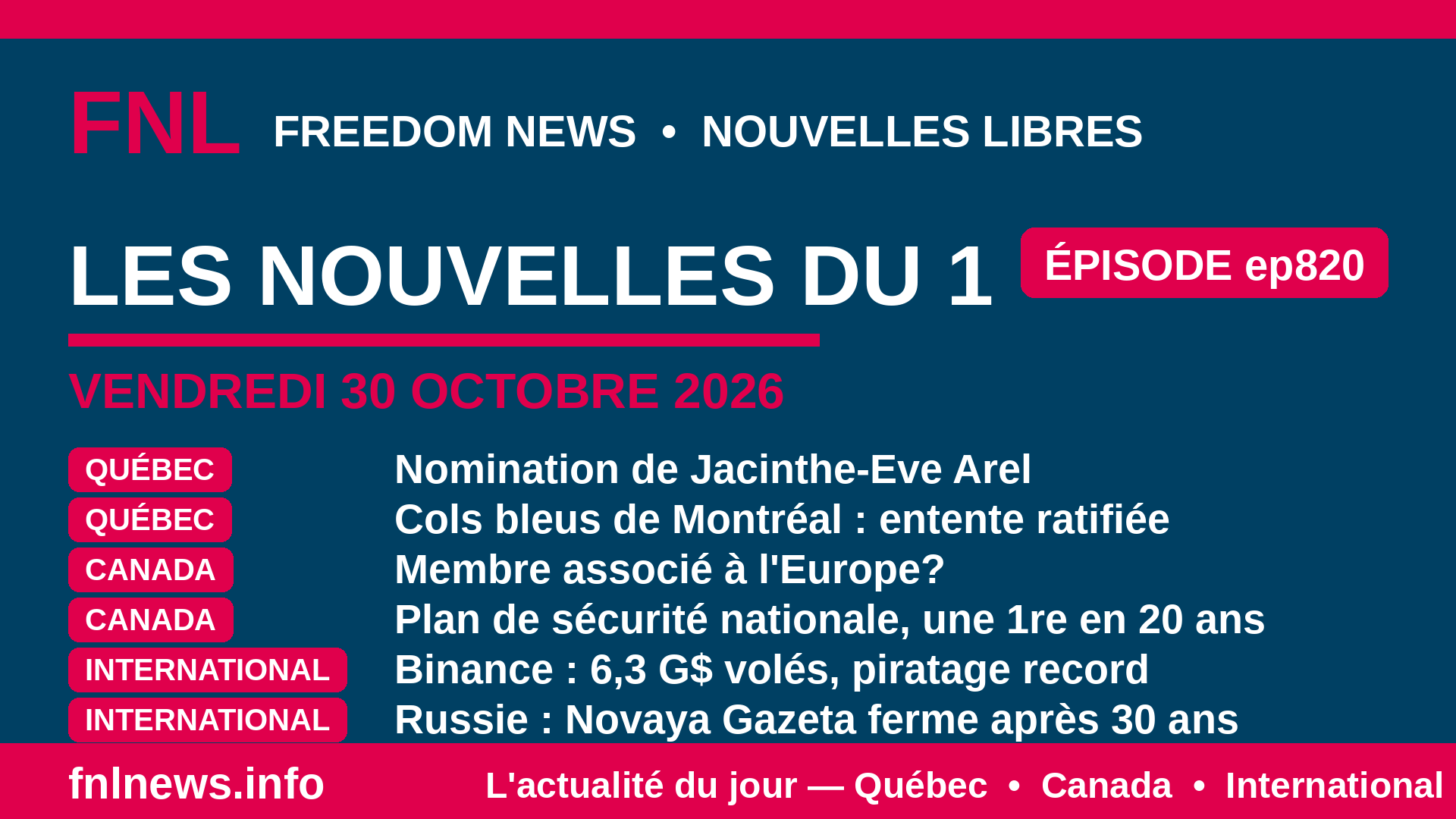 FNL ep820 –  Nomination de Jacinthe-Eve Arel: PANIQUE GAUCHISTE! Canada-EU: associés…